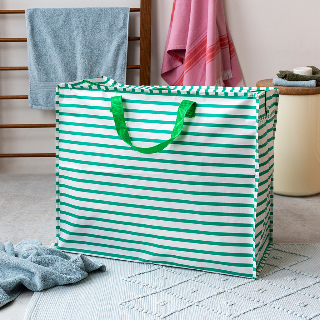 Rex London Jumbo Opbergtas Green Stripes – XXL Verhuistas met Rits – Grote Opbergzak voor Was, Beddengoed & Opslag