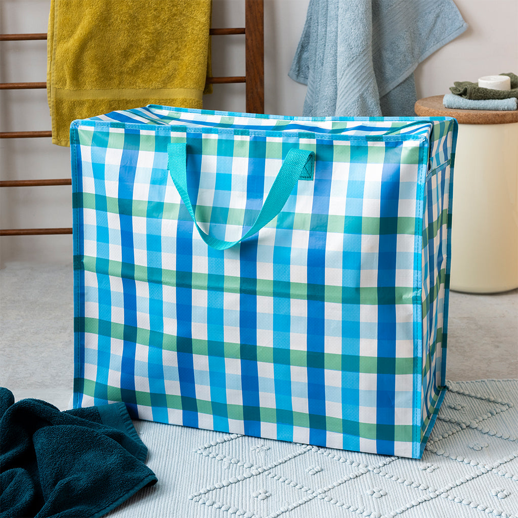 Rex London Jumbo Opbergtas Blue Gingham – XXL Verhuistas met Rits – Grote Opbergzak voor Was, Beddengoed & Opslag